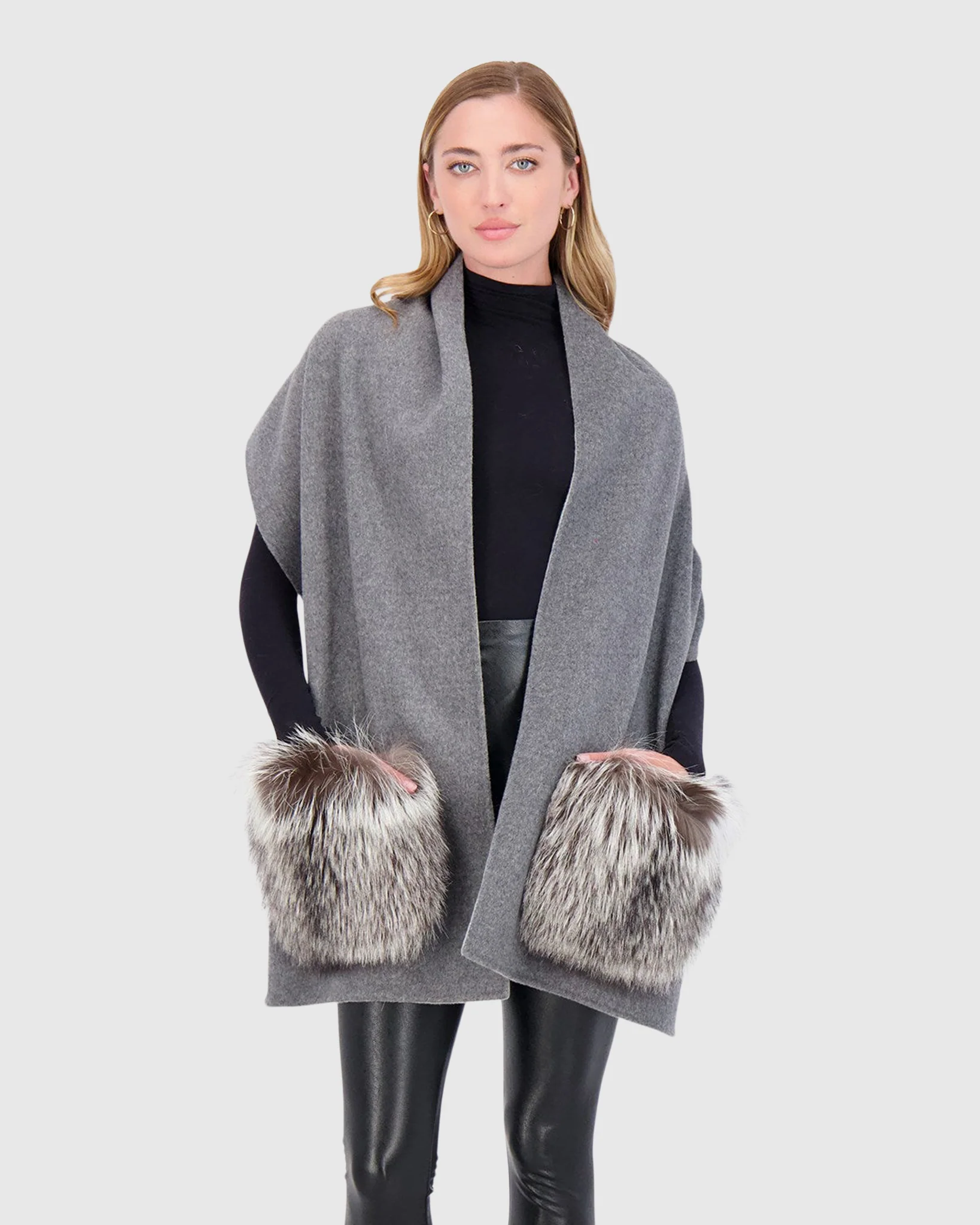 WOOL STOLE WITH SILVER FOX FUR PATCH POCKETS