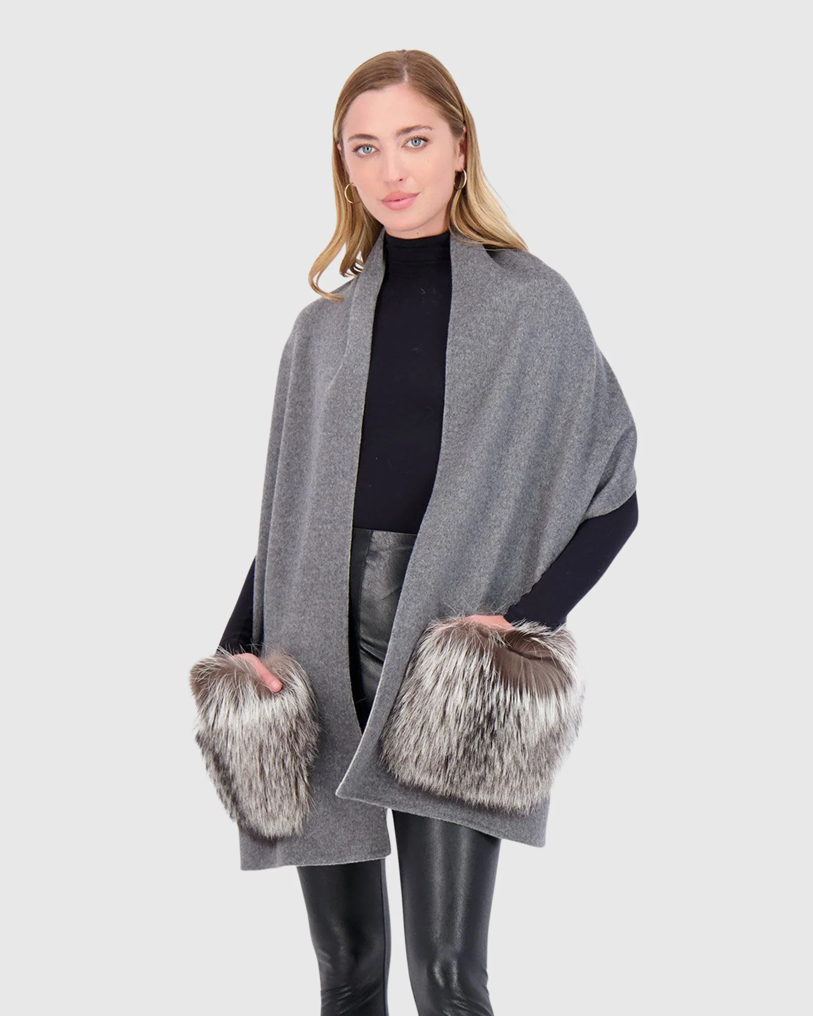 WOOL STOLE WITH SILVER FOX FUR PATCH POCKETS - Image 2
